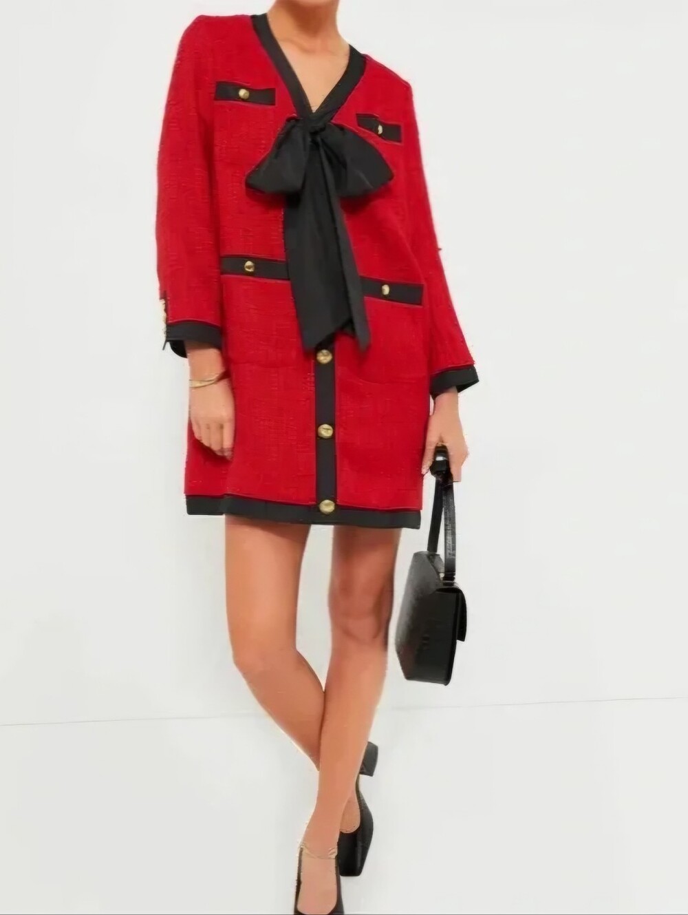 NWT Tuckernuck Pomander Place | Red Coco Tweed Black Bow Dress Womens XS